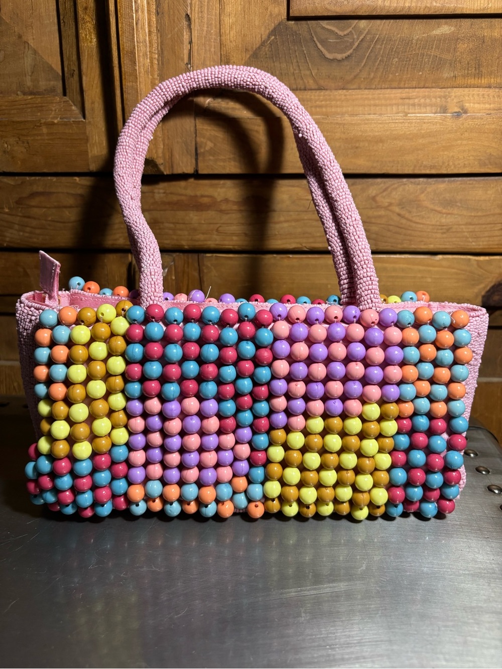Pink Beaded Tote Bag with Multicolor Bead Detail